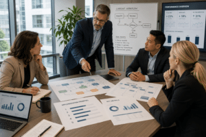 Team discussing workflow optimization in office